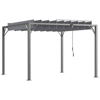 Outsunny Pergola Extérieure à Lames 9,5 Pieds x 9,7 Pieds avec Toit Rétractable, Gris