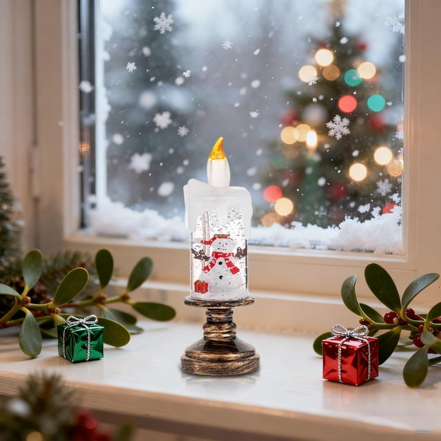 Desktop Ornament Christmas Globe Lamp With LED Flameless Candle Battery Operated Electronic Falling Snowflake Night Light For Tabletop Holiday Xmas Decorations For Mantel Windowsill Festive