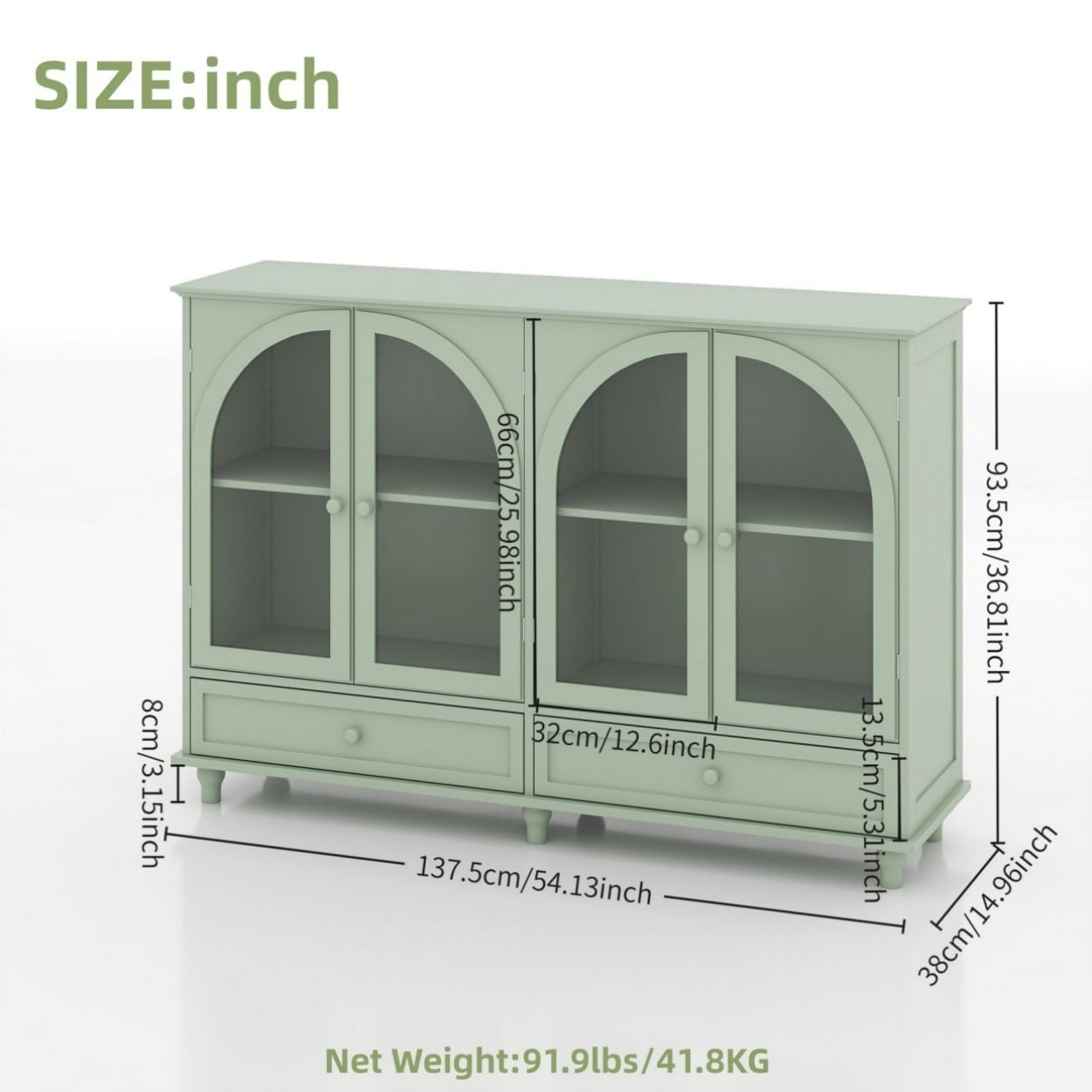 Green Arched Glass Sideboard Cabinet, Buffet Storage Cabinet with 4 Glass Doors & 2 Drawers, Adjustable Shelf Credenza for Kitchen Dining Room Living Room