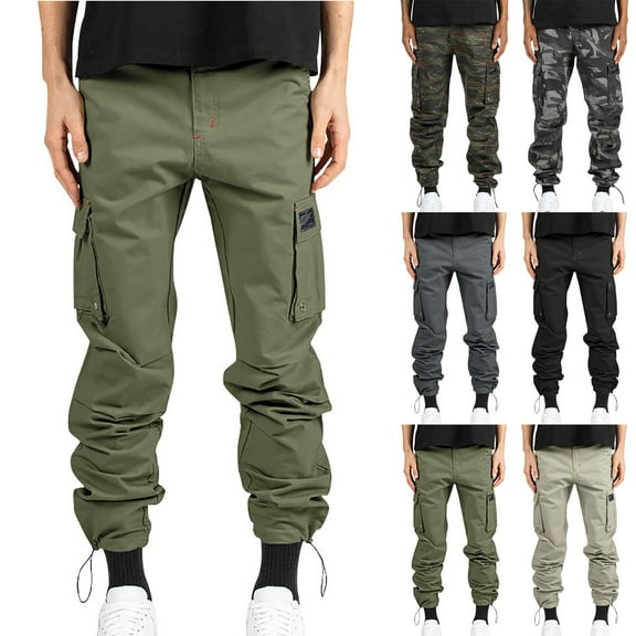 Jinhomg Woven Cargo Pants for Men Big and Tall Casual Solid Street Pants Lightweight Comfy Elastic Waisted Outdoor Sport Pants with Multi Pockets Army Green XXL