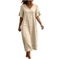 thumbnail image 2 of Ayolanni Spring Dresses for Women Solid V Neck Short Sleeve A-Line Maxi Dress Lightweight Cotton Linen Flowy Daily Long Dress with Ruffle Sleeve Beige L, 2 of 9