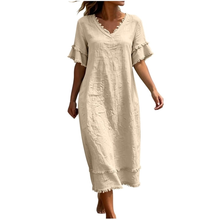 cotton tassel dress Sasha Tassel Ruffle Maxi Dress Block-Printed Cotton with Pockets