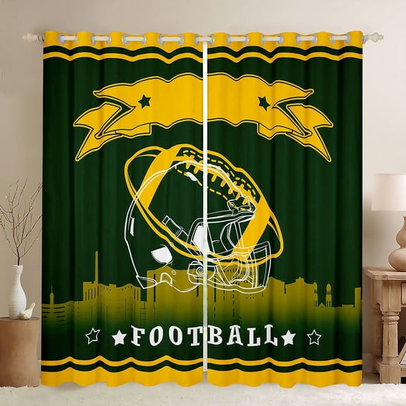 Homewish Rugby Helmet Print Black Out Curtains for Boys, Green Yellow Football Soccer Curtains Pack of 2 (42x63 Each), Sports Theme Bedroom Curtains, Window Curtains Decor