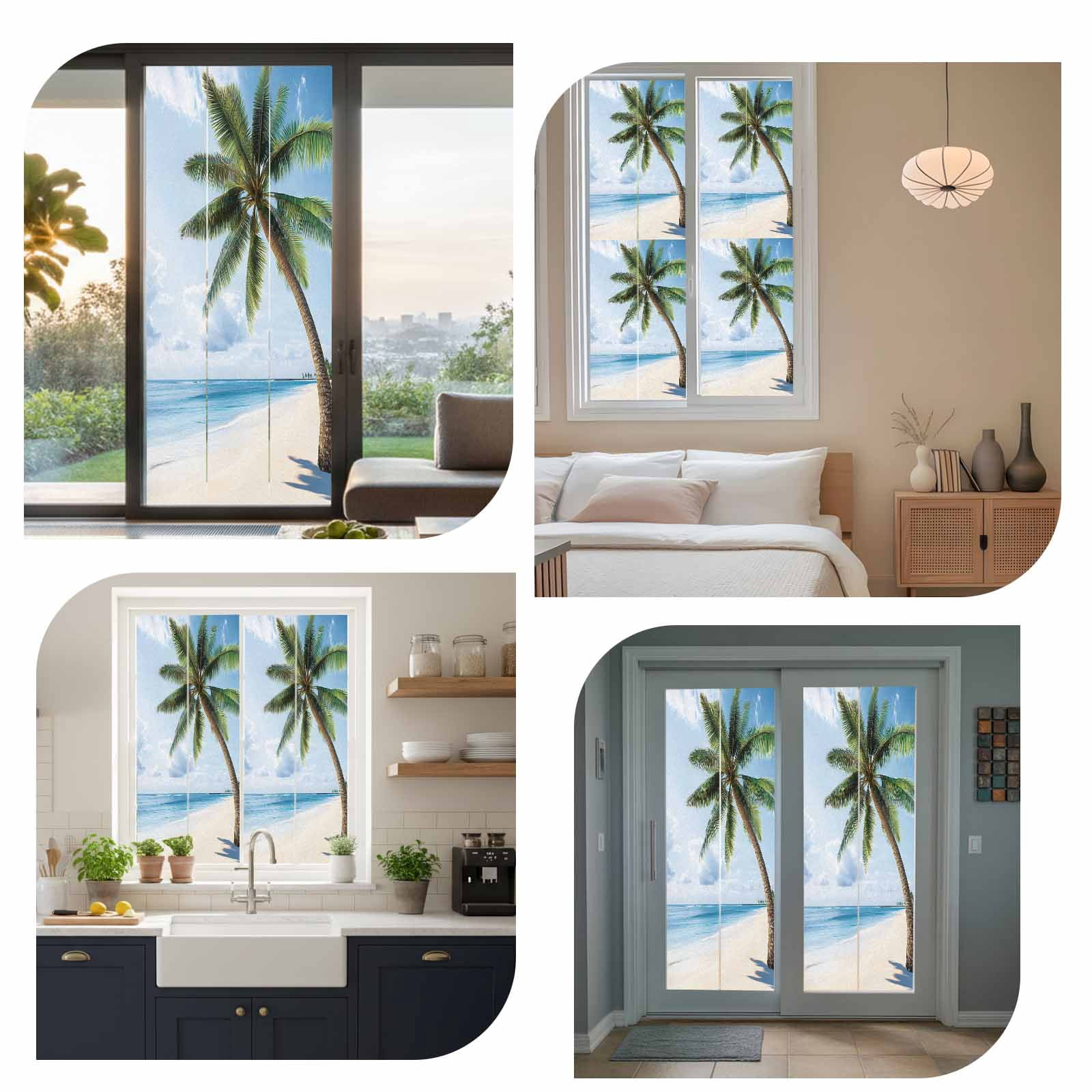Ocean Beach Window Privacy Film, Coconut Tree Blue Sky Frosted Glass Window Clings Static Cling UV Heat Blocking Reusable Door Sticker for Bathroom 23.6 x 59 Inch