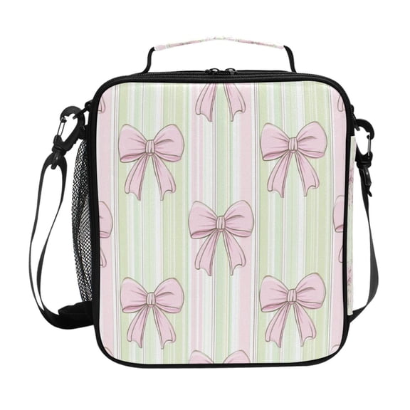 Pink Green Stipes with Bows Insulated Lunch Bag Reusable Lunch Box Lunch Container with Straps