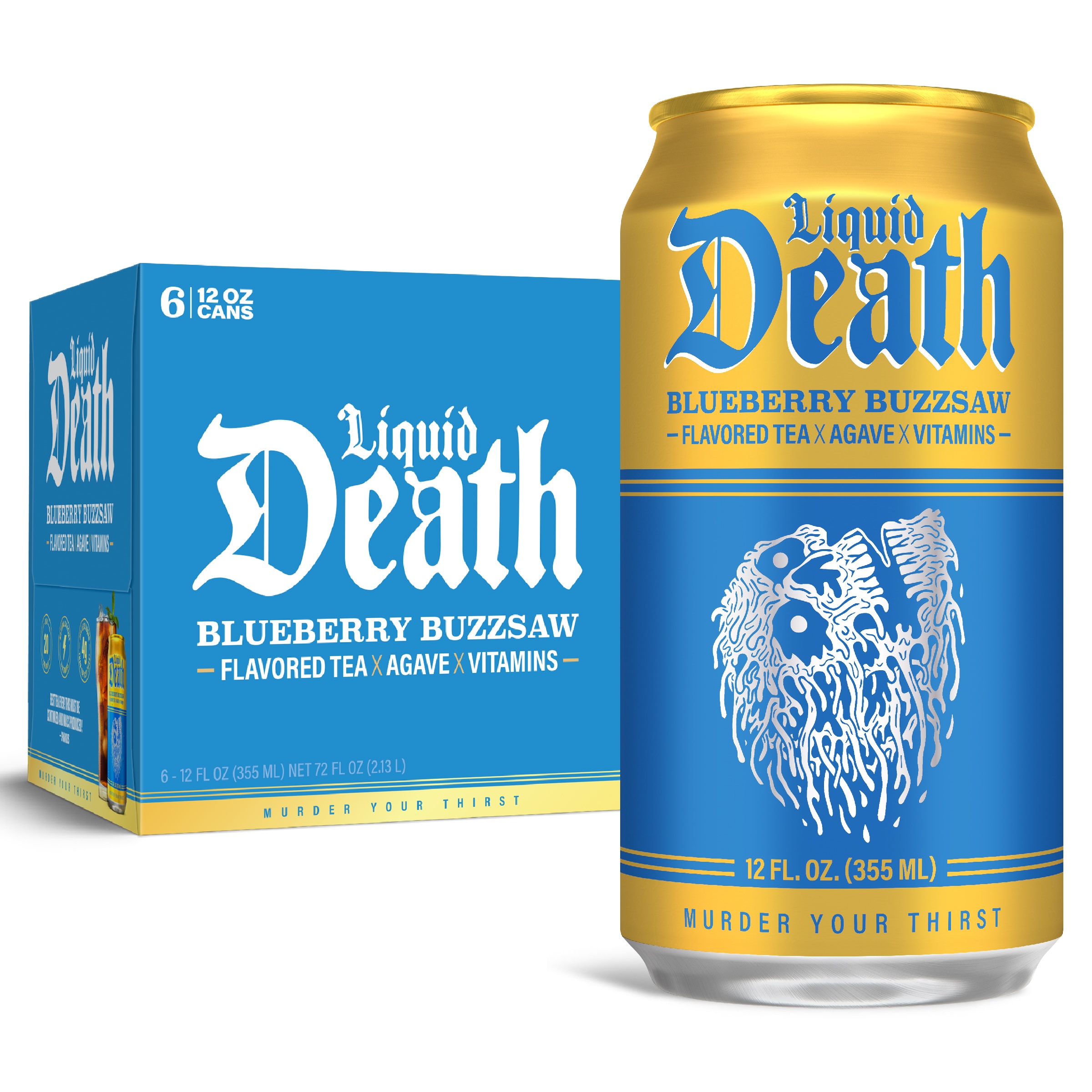 Liquid Death, Blueberry Buzzsaw Flavored Iced Tea, 6-Pack (12 fl oz Cans), Blueberry Flavored Black Tea, Low Calorie, No Artificial Sweeteners, B12 and B6 Vitamins