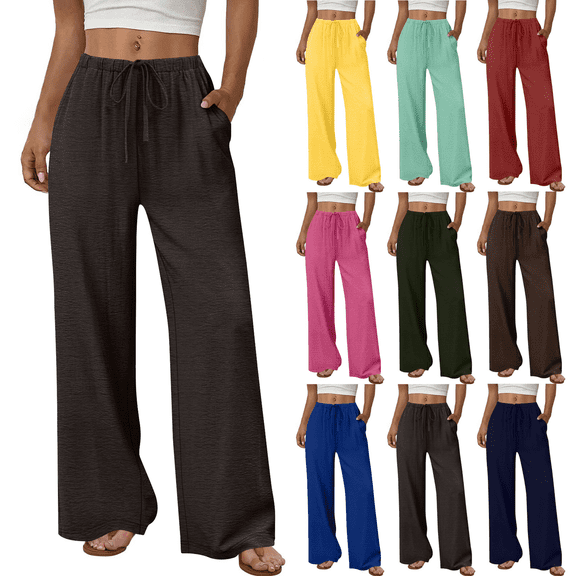 FengLS Casual Loose Pants Women Drawstring Stretched-Waist Long Pants with Pockets Summer Comfy Wide Leg Ice-Silk Trousers