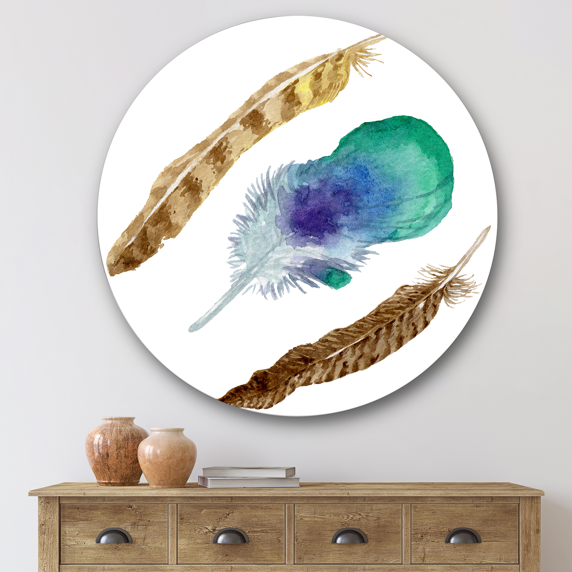 Designart 'Abstract Bird Feather From Wing Isolated' Bohemian & Eclectic Circle Metal Wall Art 36x36 - Disc of 36