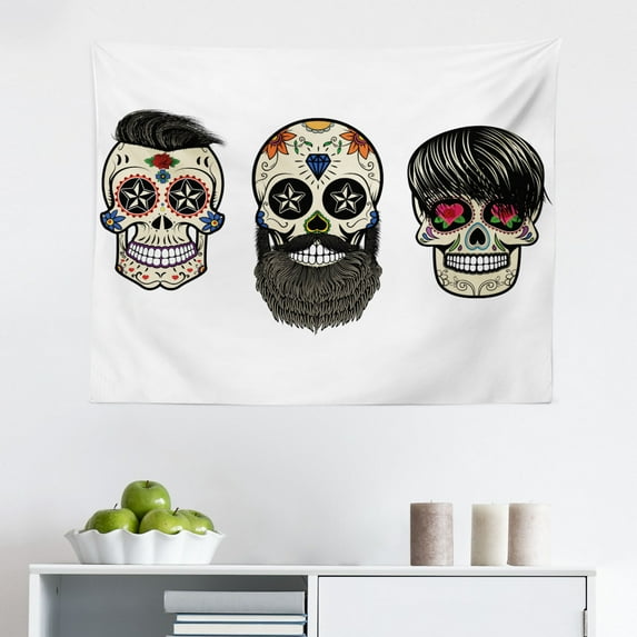 Day of The Dead Tapestry, Art Wooden Scary Cartoon Funny Details Print, Fabric Wall Hanging Decor for Bedroom Living Room Dorm, 2 Sizes, Multicolor, by Ambesonne