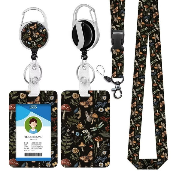 Vintage Mushroom Lanyards for Id Badges, Cute Badge Holder with Retractable Reel Clip, Work Name Tag Breakaway Lanyard for Keys ID Card Protector Case for Women Nurse Doctor Teacher Student