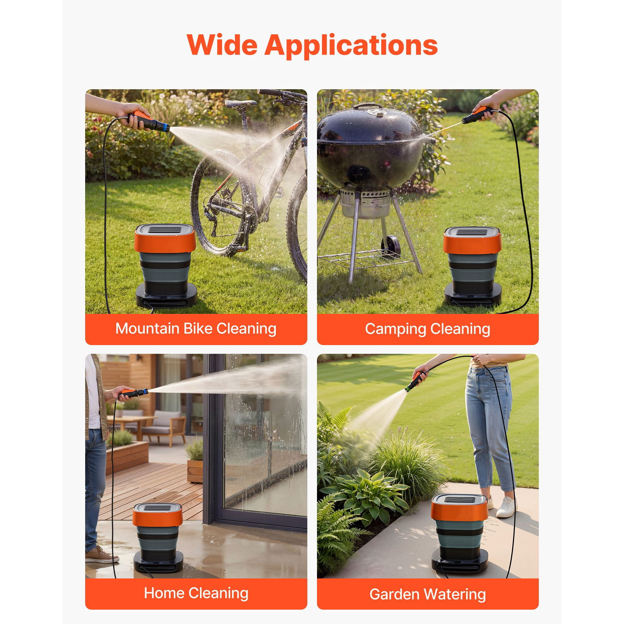 convenient Cordless Pressure Washer, 2.64 Gal Tank, Foldable, 109 PSI, 3 Nozzles + 2 Brushes, 78.7" Hose, for Bike/Patio/Camping