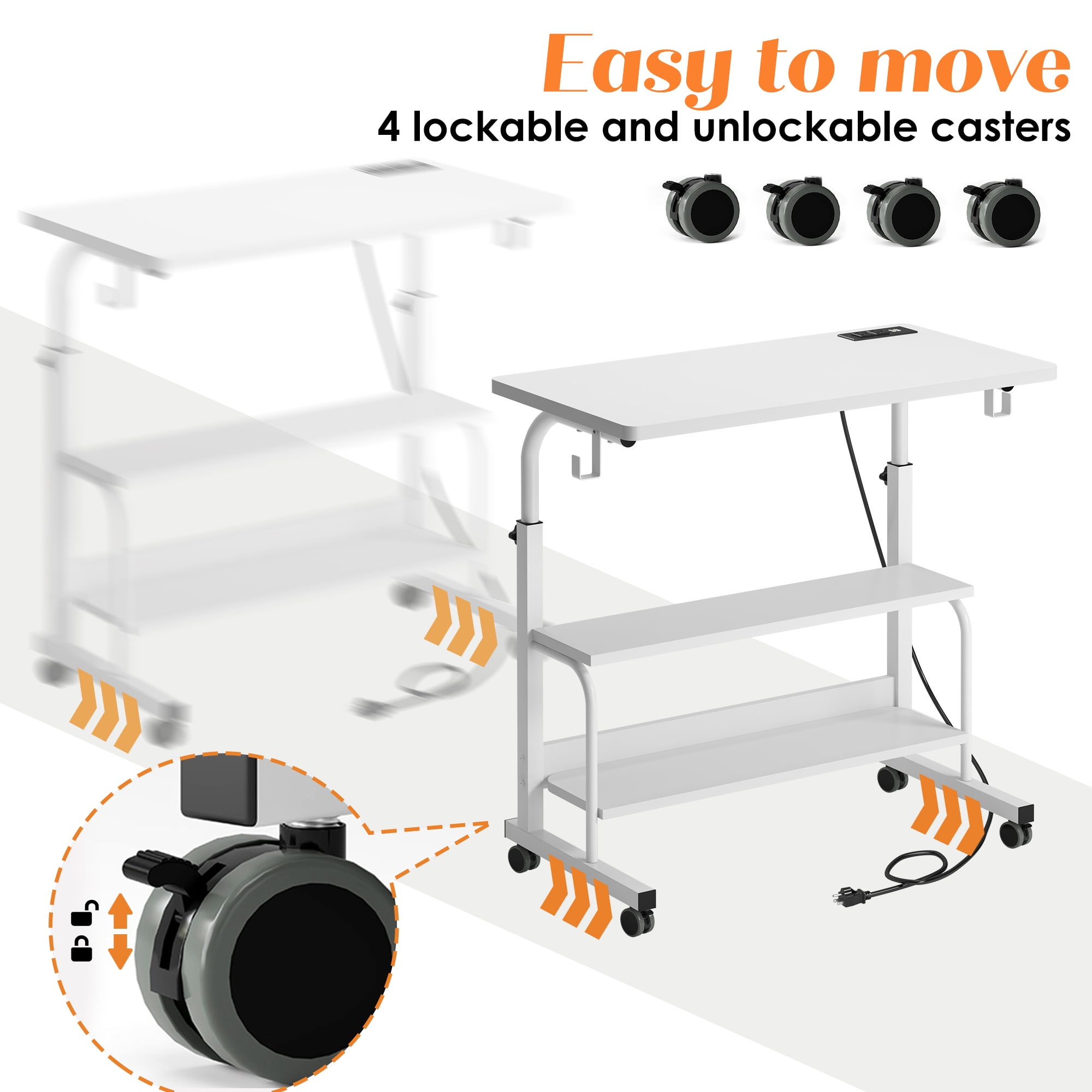 Soges 31.5" Height Adjustable Computer Desk with Charging Station, Adjustable Side Table Movable Laptop Desk with 2 Storage Shelves, Adjustable Desk on Wheels for Home Office, Sofa, Bed, White