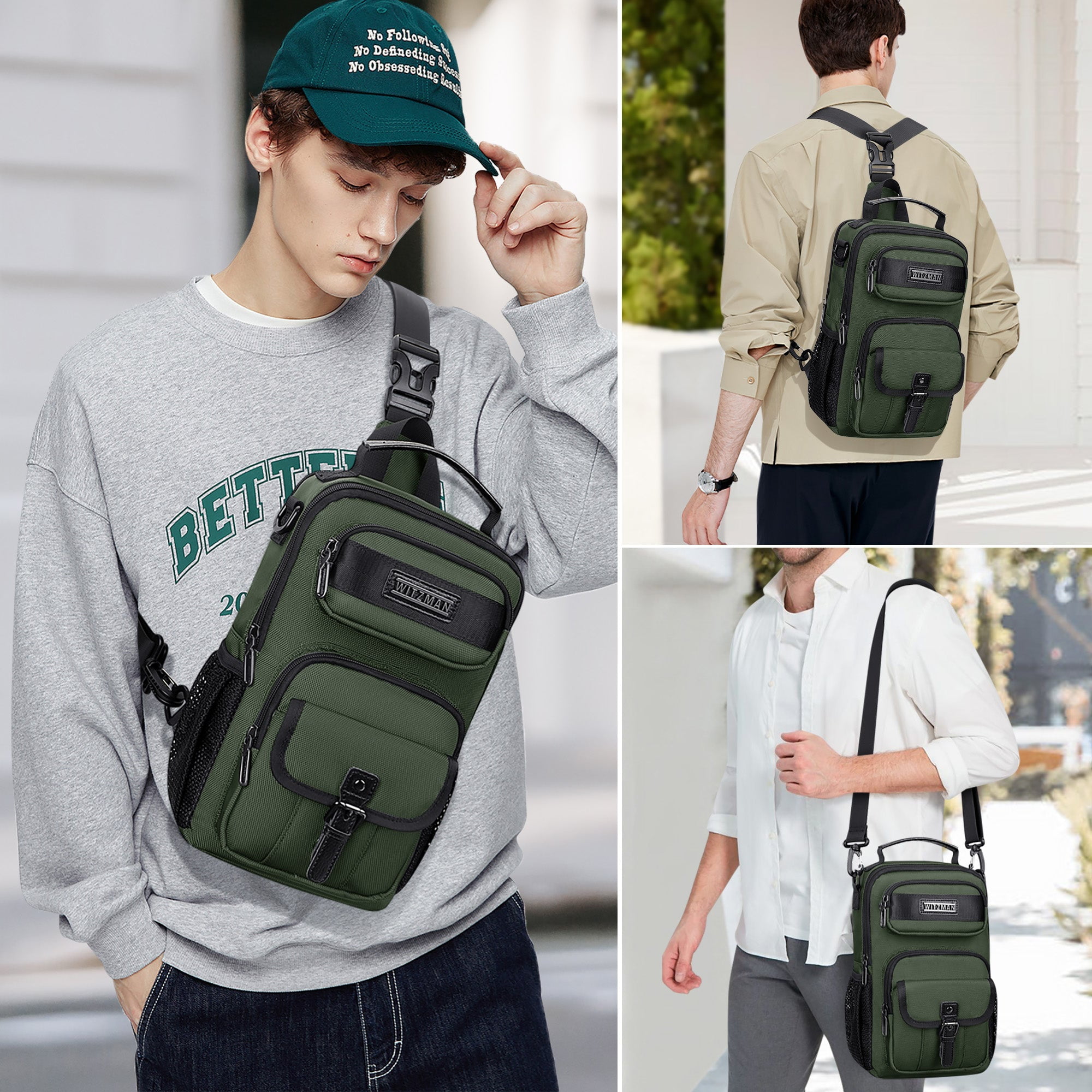 WITZMAN Sling Bag for Men Convertible Travel Sling Backpack USB Charging Port Lightweight Crossbody Bags Casual Daypack（B698 Army Green）