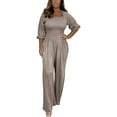 thumbnail image 2 of ZAZYULZ V Neck Jumpsuits for Women Casual Solid Color Jumpsuit Casual Solid Color Jumpsuit Jumpsuit With Sleeves Women's High Waist Pants(Grey,S), 2 of 4
