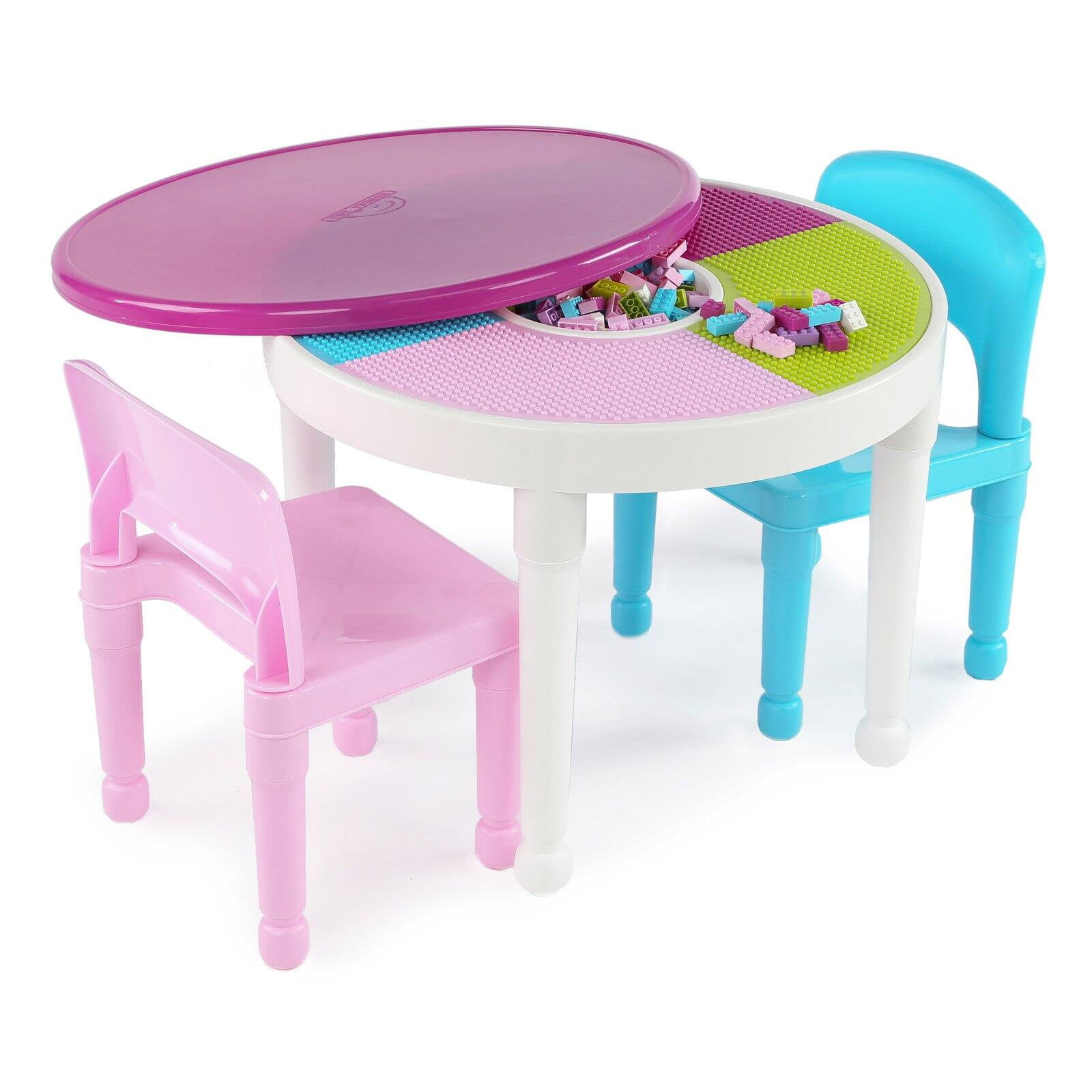Humble Crew Kids 2-in-1 Plastic Activity Table and 2 Chairs Set, Round,  White, Blue & Pink, Ages 3 and Up