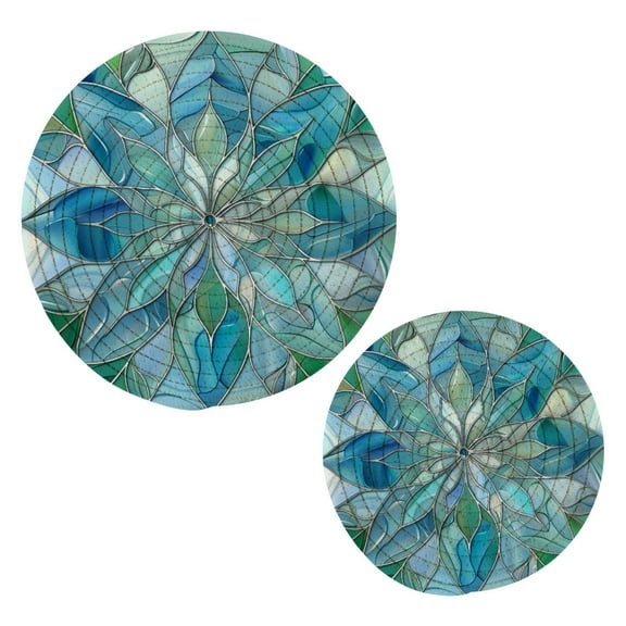 Blue Green Floral Stained Glass Pot Holders Trivets Set of 2 Cotton Hot Pads Mats for Hot Dishes Pots Pans Kitchen Cooking 7" 9.5"
