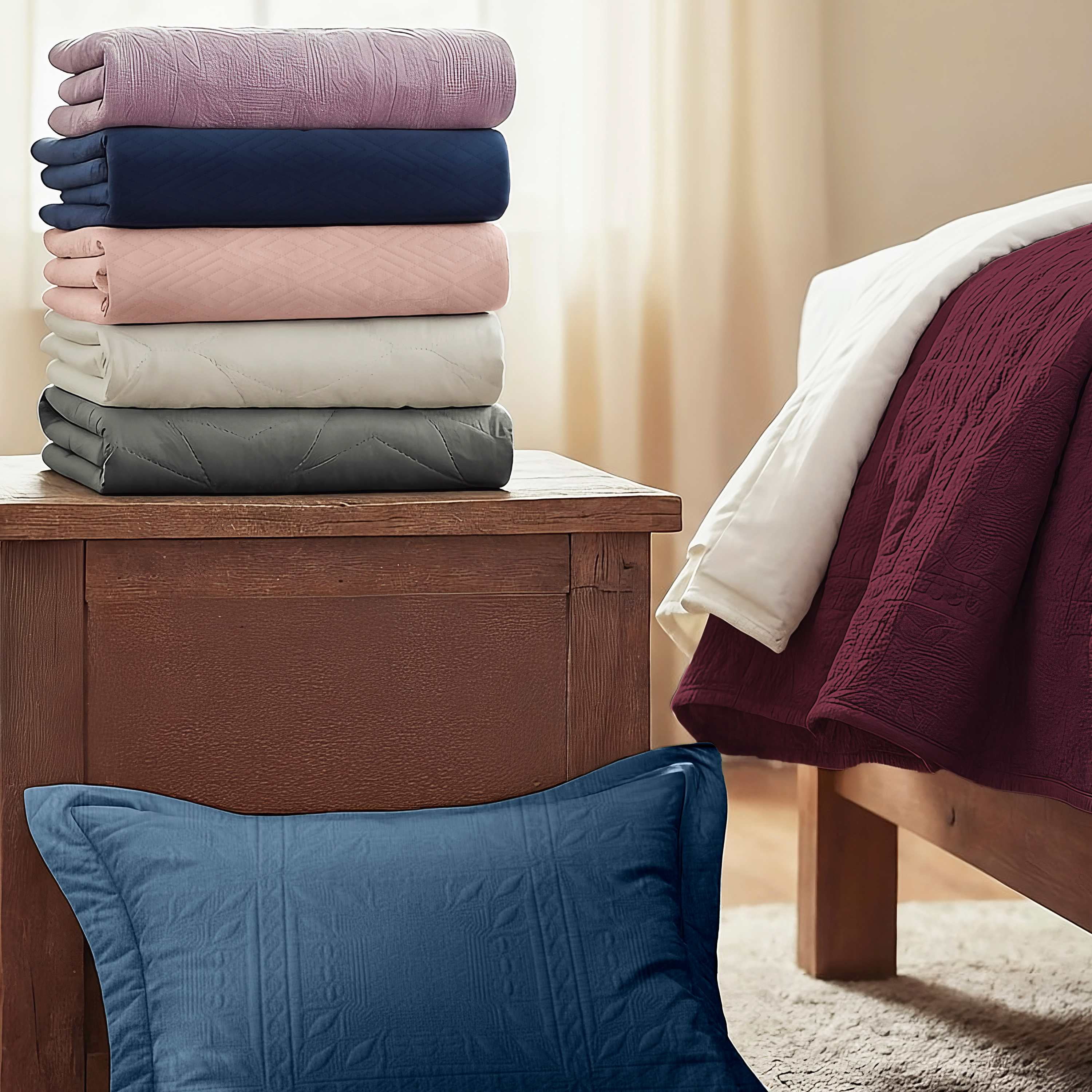 Clara Clark Quilt Sets, 4 Piece Lightweight Reversible Quilt Bedspread, Grid Weave Coverlet Bedding Set, Twin Navy