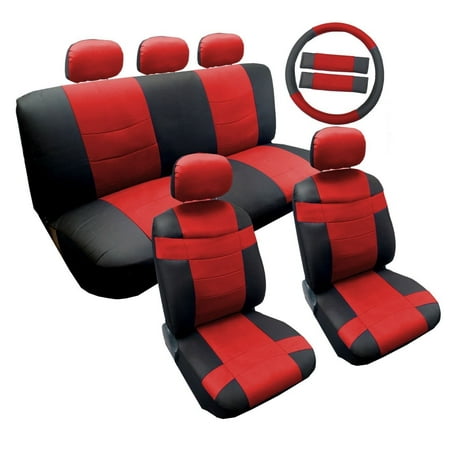 Sporty Two Tone Black/Red Synthetic PU FLeather Seat Cover Set 14pc Toyota