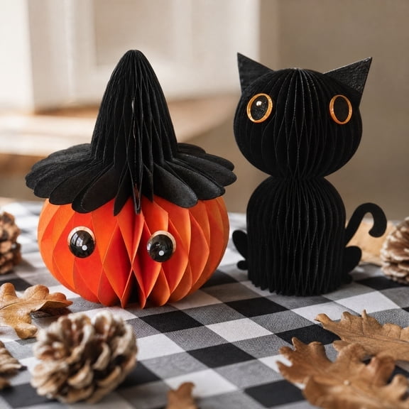 NovaStitch Halloween Black Cat Honeycomb Table Centerpiece Decorations 3D Paper Pumpkin Cat Ornaments for Shelf Mantel Display Party Festive Home Decoration Accessories