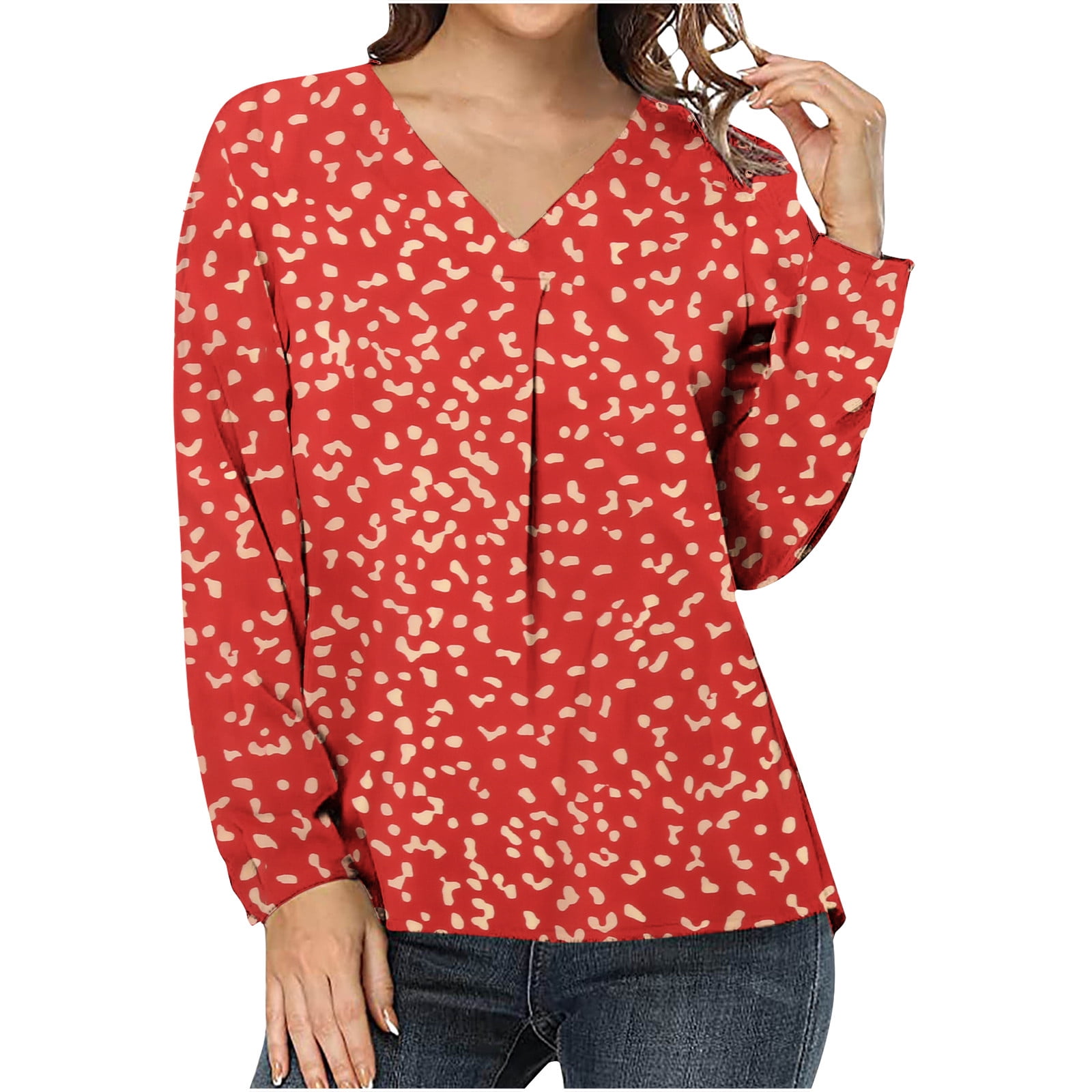 Blouse For Women Red Polka Dots V-Neck Casual Long Sleeves Tops 