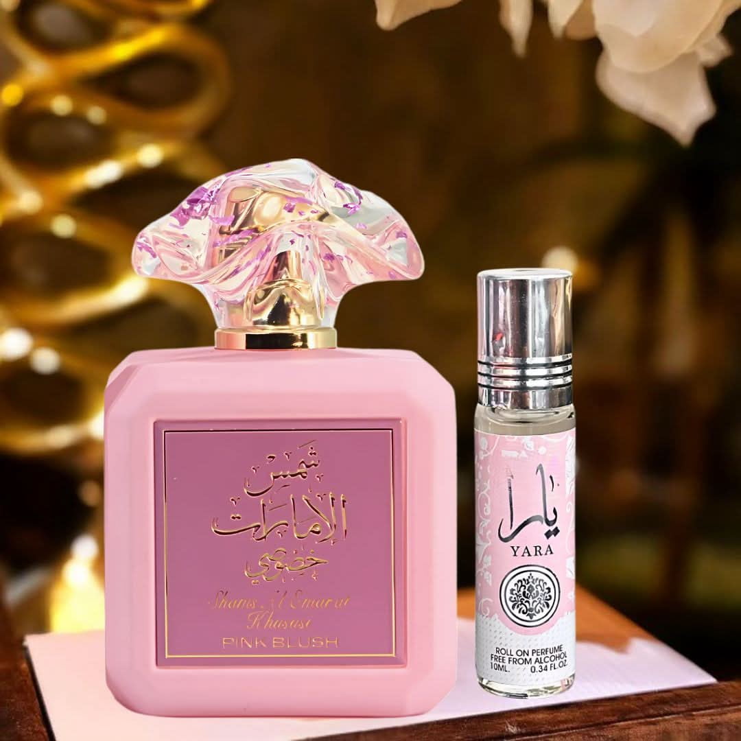 Pink Blush Eau de Parfum Spray 100ml (3.4 oz) & Yara Roll On CPO 10ml (0.34 oz) by Ard Al Zaafaran (Bundle)
