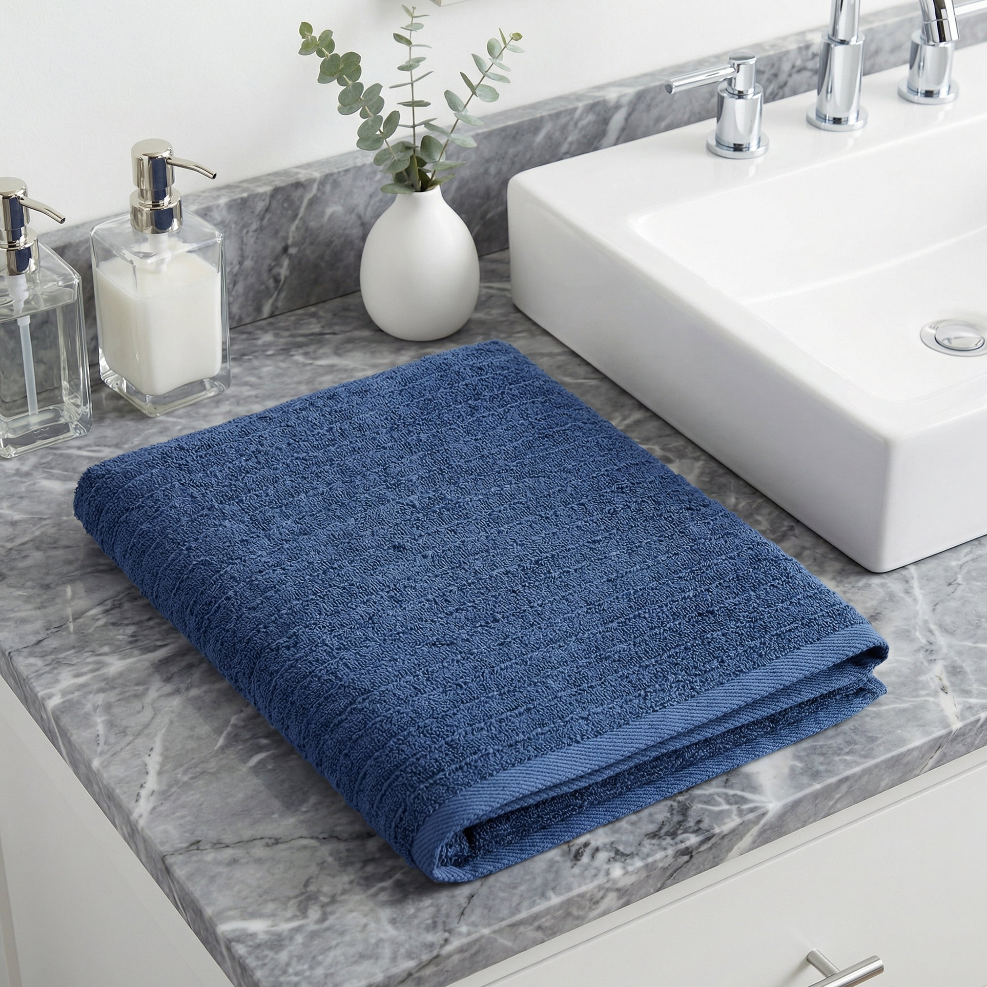Unique Bargains Soft Absorbent Striped Bath Towel 2 Pack Dark Blue/Dark Brown 55"x28"