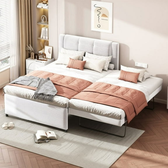 Full Size Upholstery platform bed with Trundle,Trundle can be flat or erected, Beige