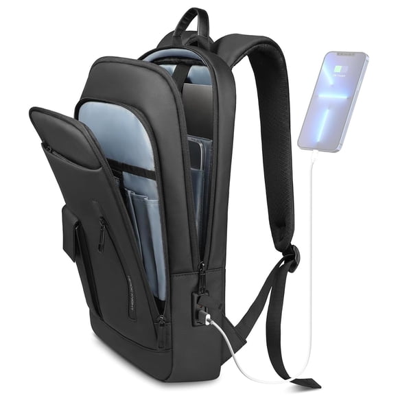 Business Backpack for Men, 15.6 Inch Slim Lightweight Laptop Backpack with USB Charging Port, Water-resistant Anti-theft Small Travel Computer Backpa