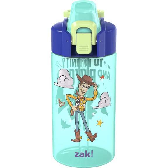 Zak Designs 16oz Toy Story Durable Plastic Jubilation Water Bottle with Folding Handle and Push Button, Locking Lid