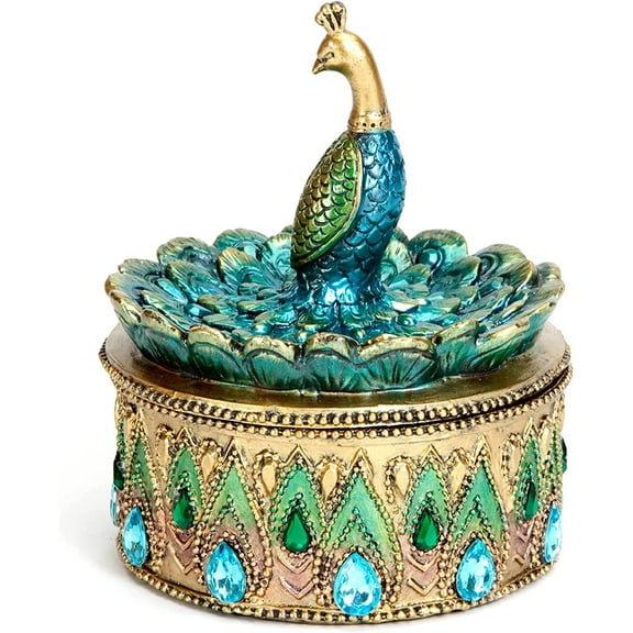 Bits and Pieces Peacock Art Peacock Jewelry Box, Golden