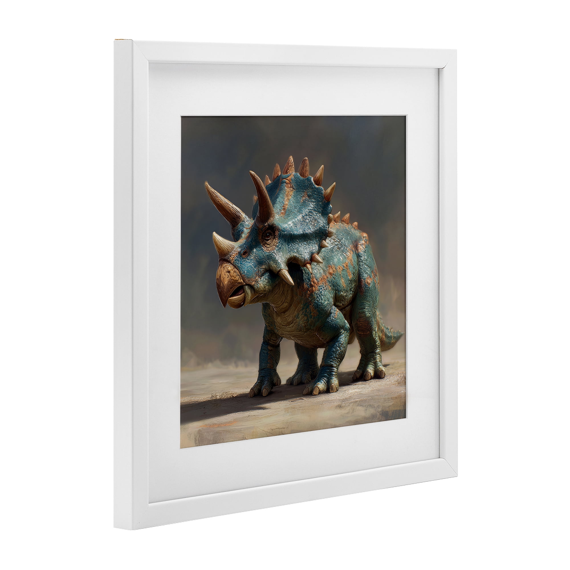 Stupell Industries Horned Triceratops at Sunrise White Framed Print Under Glass, design by Wumples