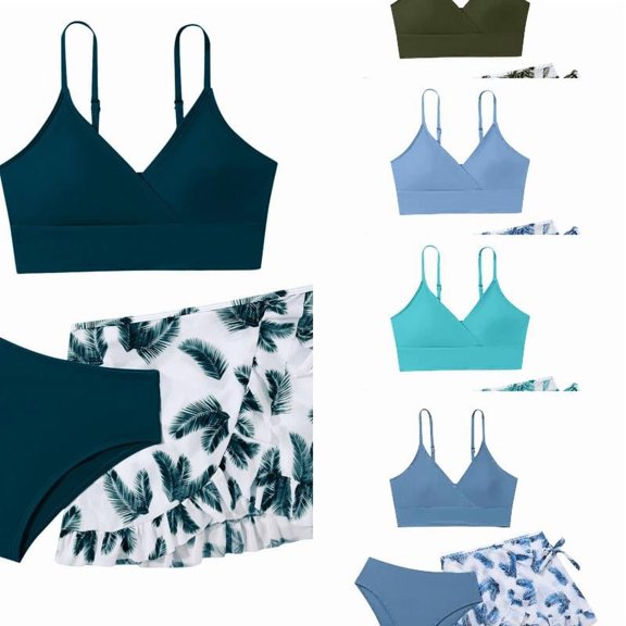 RTKFRFLM Girls 3-Piece Swimsuit Set Solid Color Ruffle Tankini Bikini Bathing Suit with Cute Swim Skirt Underwear Swimwear for