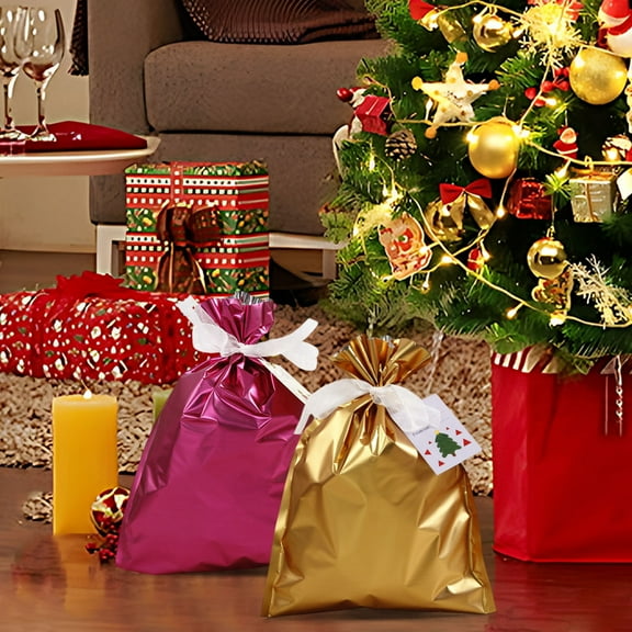 Drawstring Goodie Bags, Christmas Party Favor Bags, Present Wrapping Bag, Holiday Treats Bags with Ribbon Ties and Tags, for Families Friends Kids in All Occasion of Celebration, 9.4x12.6in