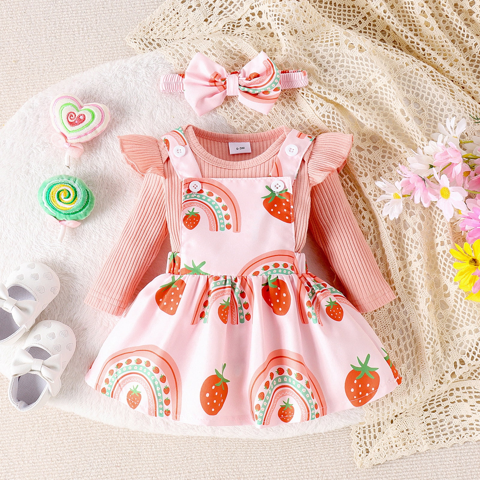 OBEEII Infant Toddle Girls Clothes Long Sleeve Jumpsuit and Strawberry Printed Skirt Fall Winter Casual Outfits Suit Cake Smash with Headband 3Pcs
