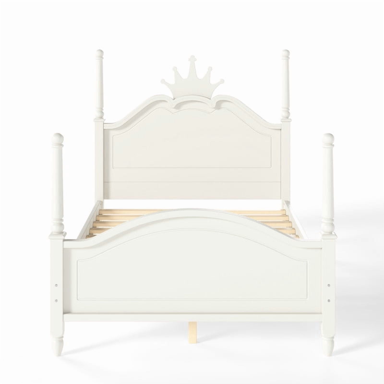 Full Size Kids Low Profile Platform Bed, Curved Footboard Four Poster Bed, Wooden Princess Bed Frame with Crown Shaped Headboard