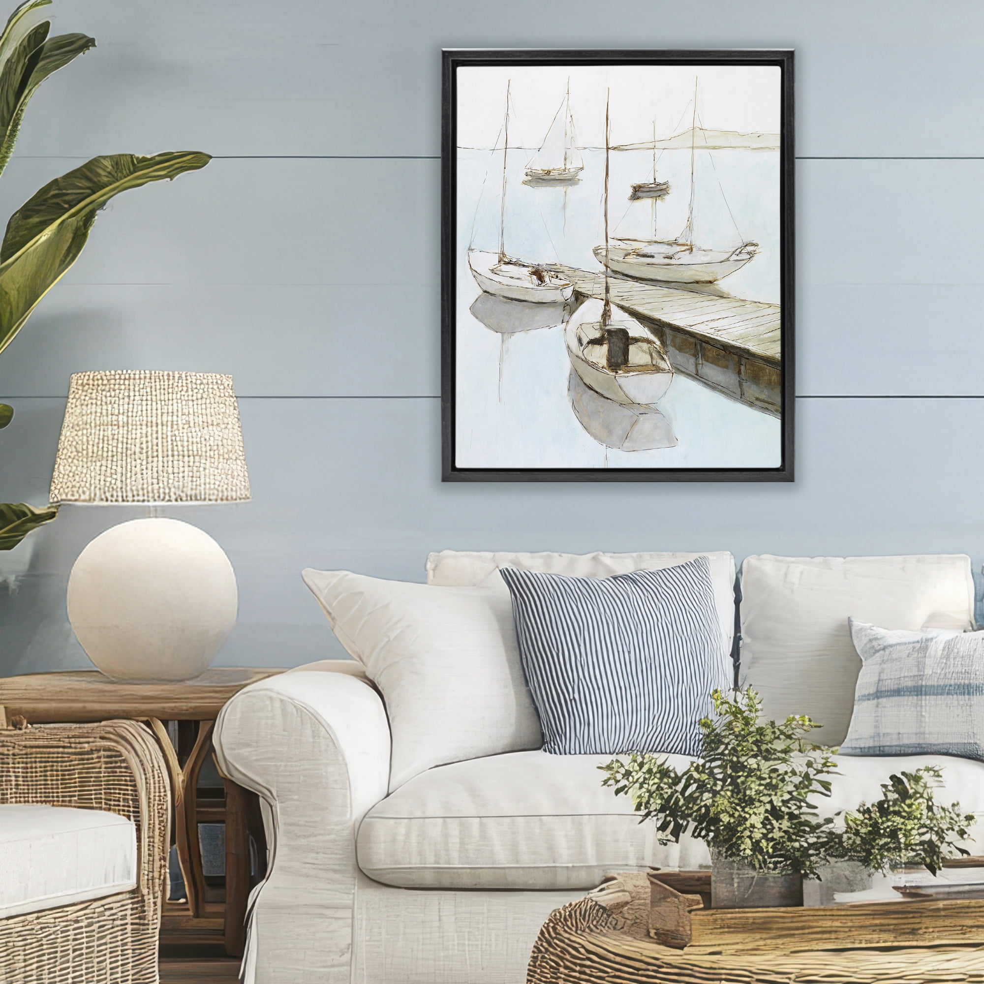 Stupell Industries Docked Sails Coastal Scene Black Framed Floater Canvas Wall Art, design by Lorenzo Collective