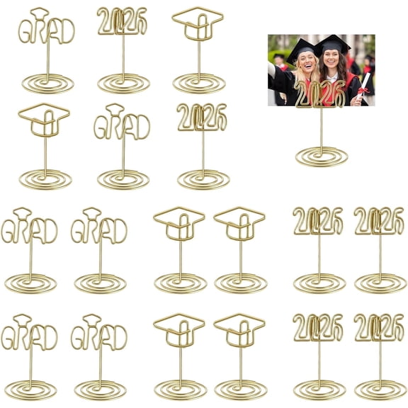OuMuaMua 18Pcs 2026 Graduation Party Gold Photo Holders for Table Centerpieces, Grad Cap Stands 2 inch for Indoor Outdoor Grad Party Decoration