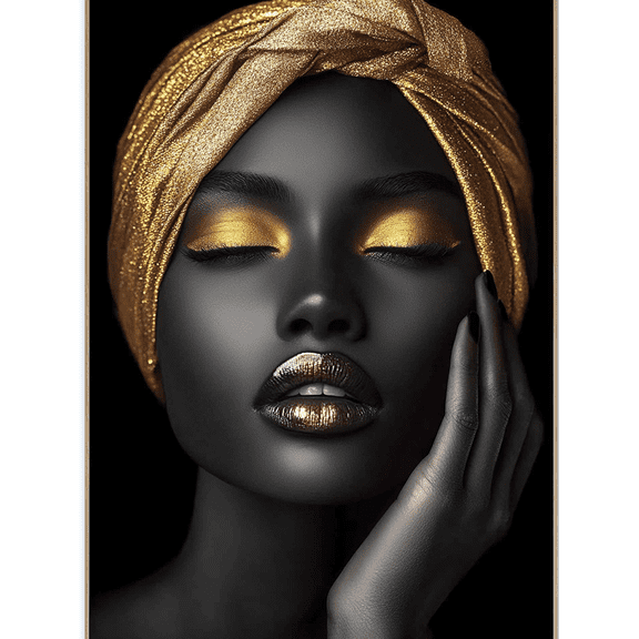 Black Woman Gold Headwrap Canvas Wall Art， Perfect for Living Room， Bedroom， Bathroom， Office， and Hallway Decoration.