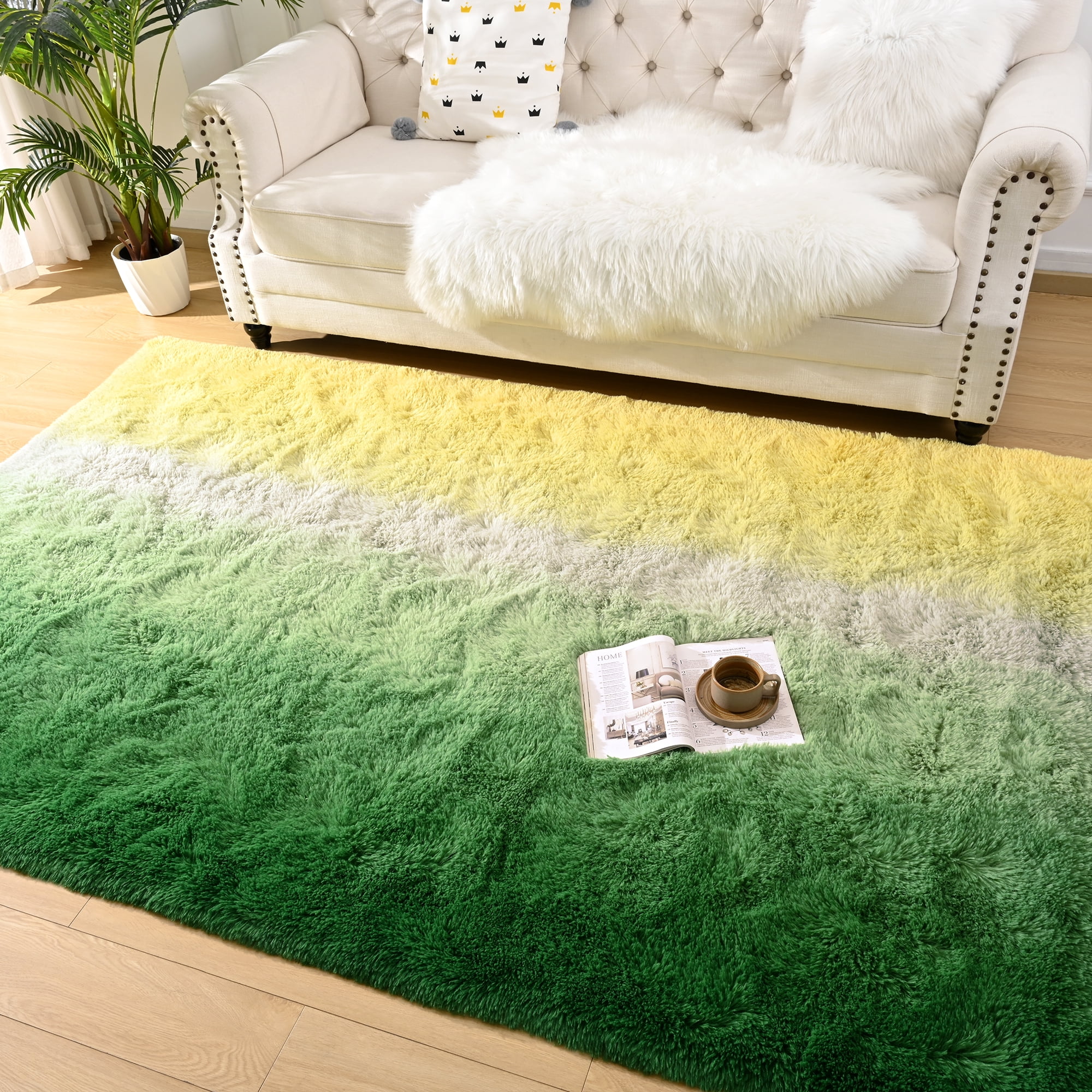 Lochas Fluffy Shag Area Rug Fuzzy Gradient Tie Dye Colorful Bedside Carpet Plush Rugs for Bedroom Living Room Nursery Baby Home Decor,5'x8',Yellow/Green
