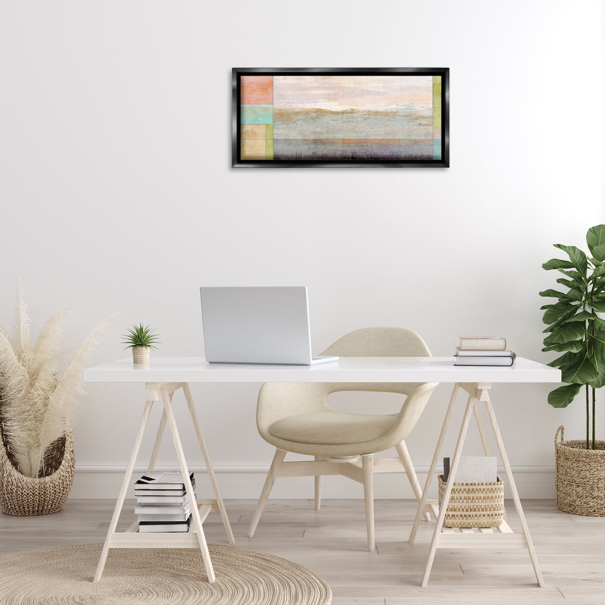 Stupell Industries Landscape & Geometric Border Landscape Painting Black Floater Framed Canvas Art Print Wall Art, 31 x 14