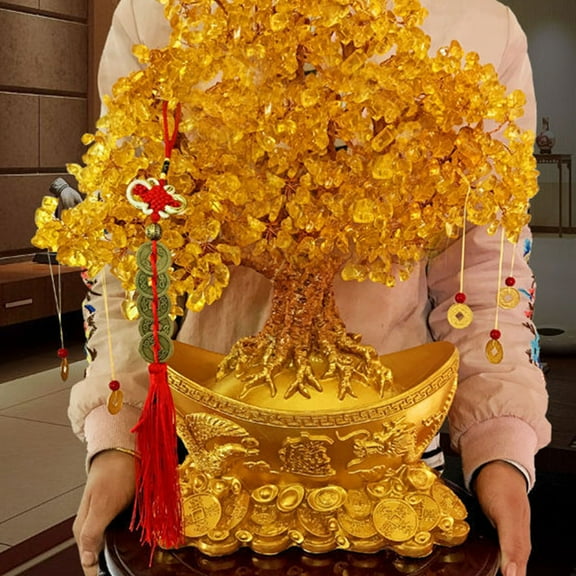 MIPCASE Golden Money Tree Decorative Faux Bonsai Plant Craft Room Ornament 1 Set for Home Office