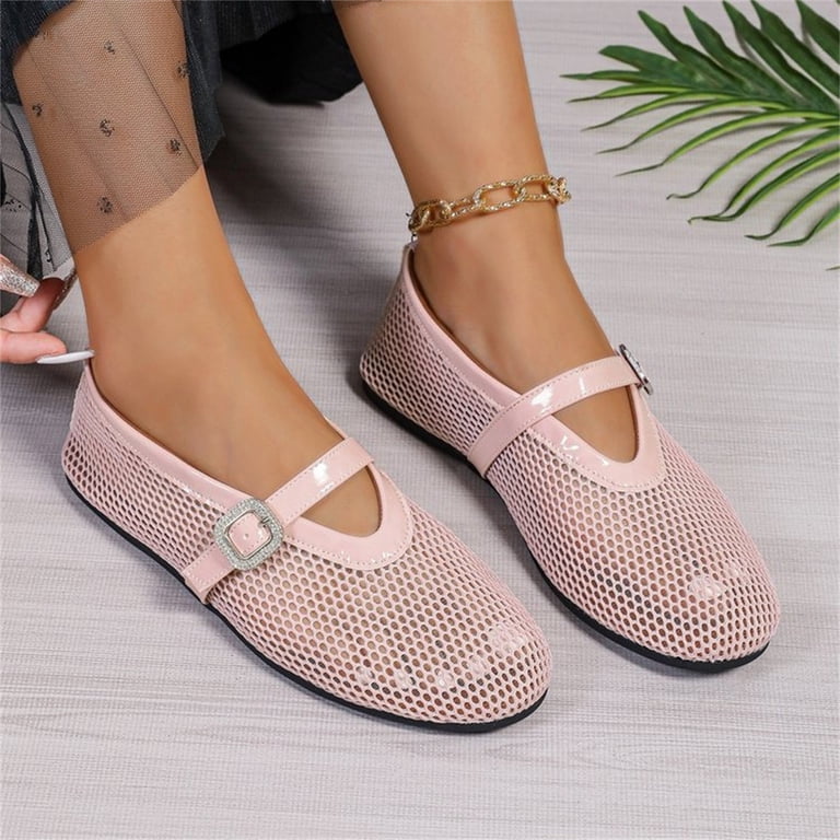 Ruyang Mesh Ballet Flats for Women Buckle Strap Round Toe Wide