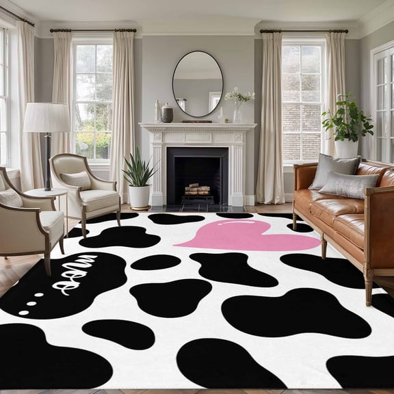 Area Rug for Living Room, Cow Printed Non-Slip Indoor Large Carpet for Bedroom/Dining Room, Modern Black Animals Textured Pink Love Heart Washable Low-Profile Rectangle Floor Runner Rugs - 5 x 7 Ft
