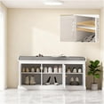 thumbnail image 6 of JERFIT Entryway Storage Bench with Cushion, Shoe Rack Organizer with Adjustable Shelves and Woven Rattan Doors, Multifunctional Hallway Seat Bench for Living Room, Bedroom, Gray/White, 6 of 8