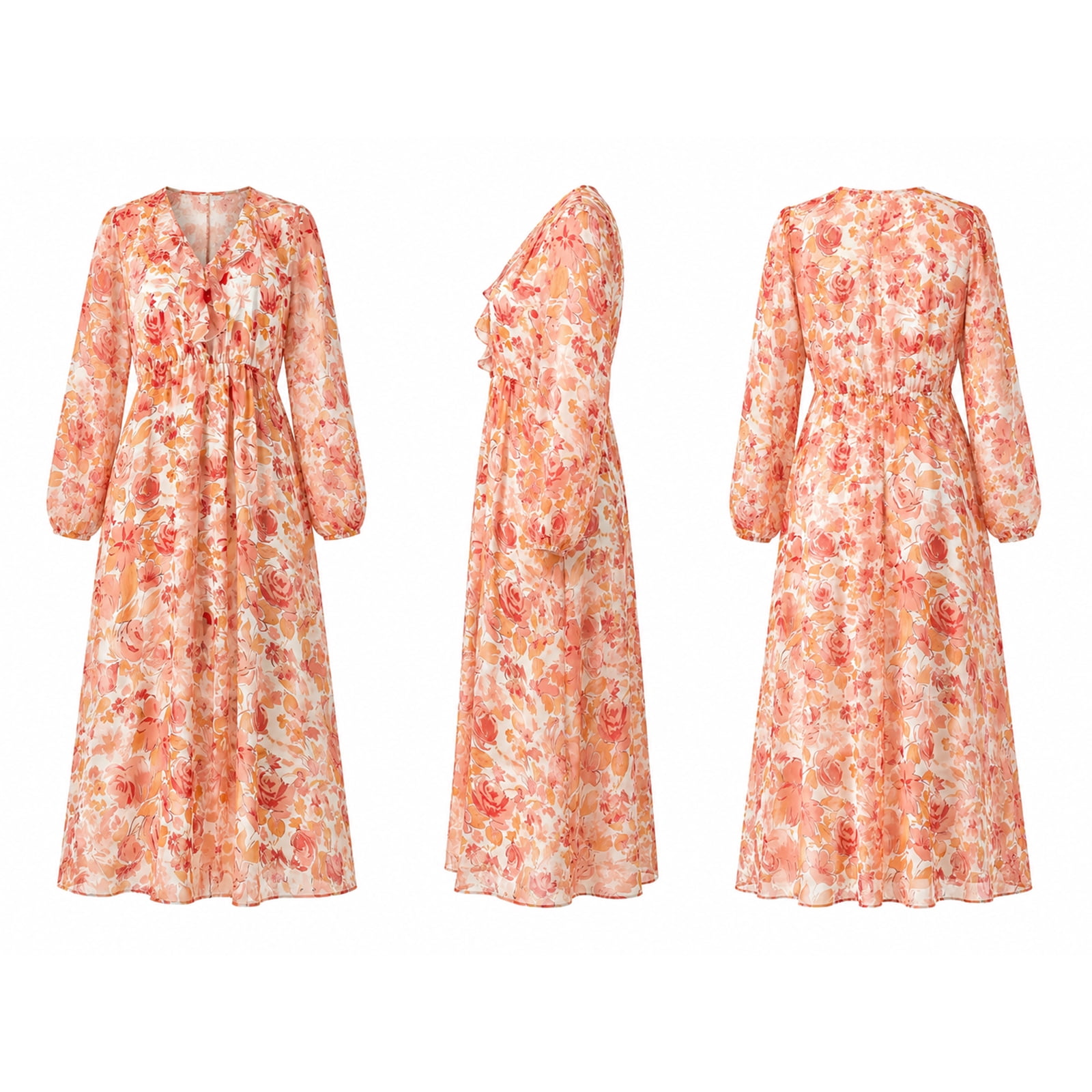 Alvantor Women's Floral V-Neck Long Sleeve Midi Dress, Red Multi Flower Print