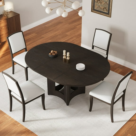 Round Extendable Dining Table Set for 4-6, 5-Piece Farmhouse Dining Table Set with 16" Removable Leaf and Curved Legs, Wood Kitchen Table Set with Ergonomic Backrest for Home, Black