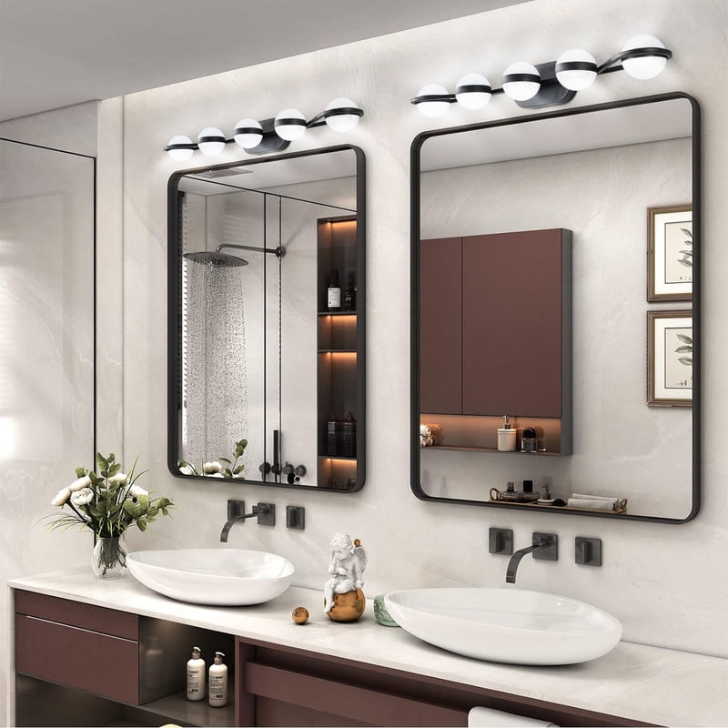Modern Minimalist Bathroom Vanity Light, LED 5 Bulb Frosted Glass Shades, Wall Mounted Decorative Lighting Fixture, Suitable for Bathroom Vanity Mirror (Black)