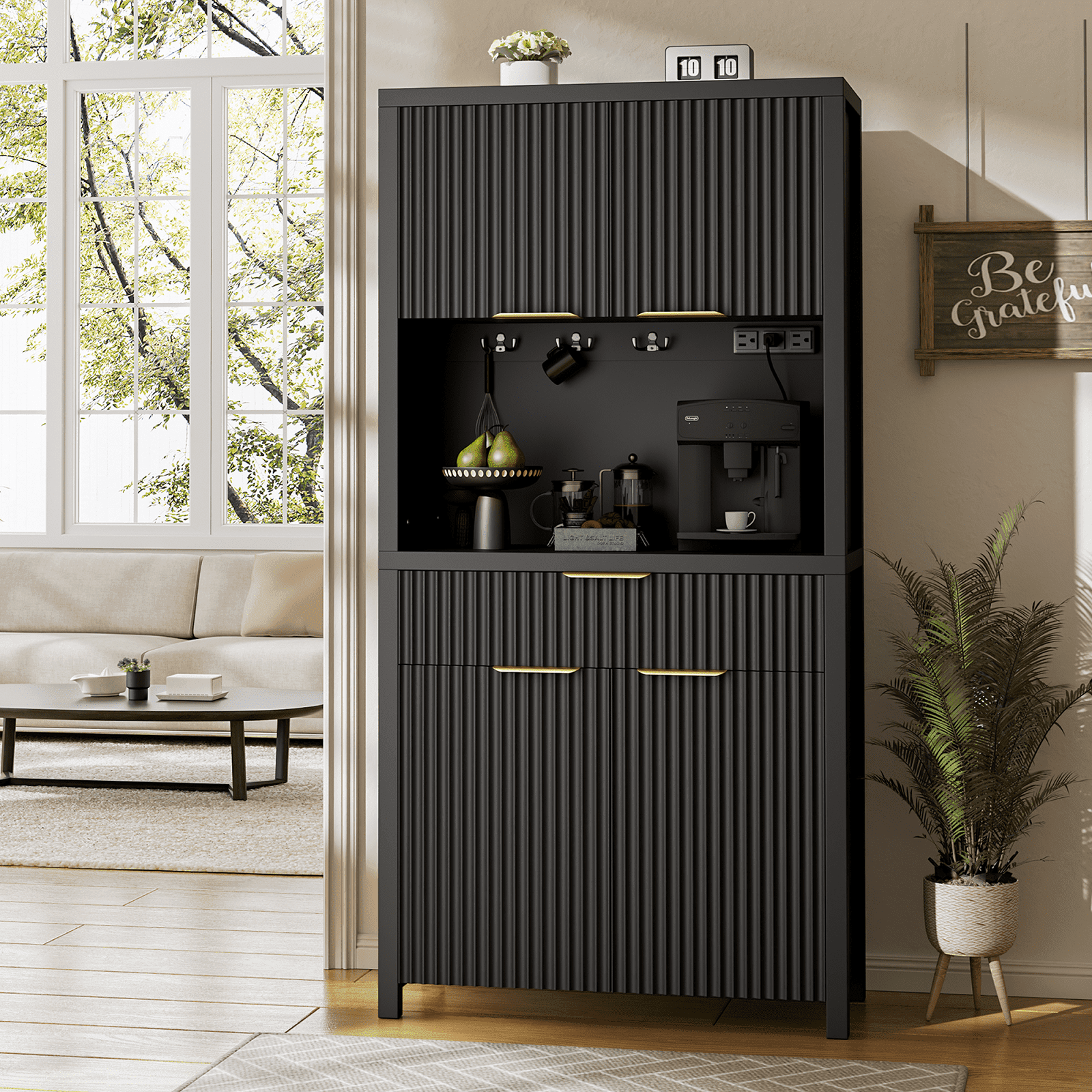 Aufeile Fluted Kitchen Pantry Storage Cabinet, 71" Tall Wood Pantry Hutch with 2 Adjustable Shelves & Drawer & Charging Station for Dining Room Hallway Living Room, Black