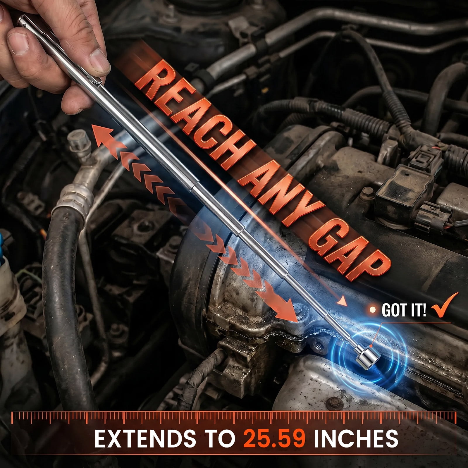 30PCS Telescoping Magnetic Pick up Tool 25.59" Grabber Reacher Tool with Pocket Clip Telescopic Retrieving Magnet Present for Man Father Mechanic Handyman Husband (Silver)