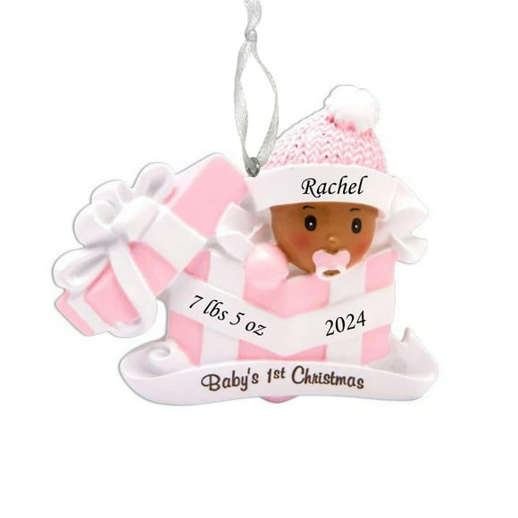 2024 Personalized Ornament Baby's First Christmas African American Baby Girl in Present Christmas Tree Ornament Handwritten Customized Decoration Baby Ornaments-Free Personalization
